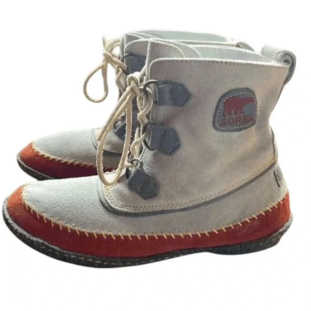 Sorel Campus Boot Quarry‎ Grey Red Suede Lace Up Ankle Boots NL1940-103 Womens 7